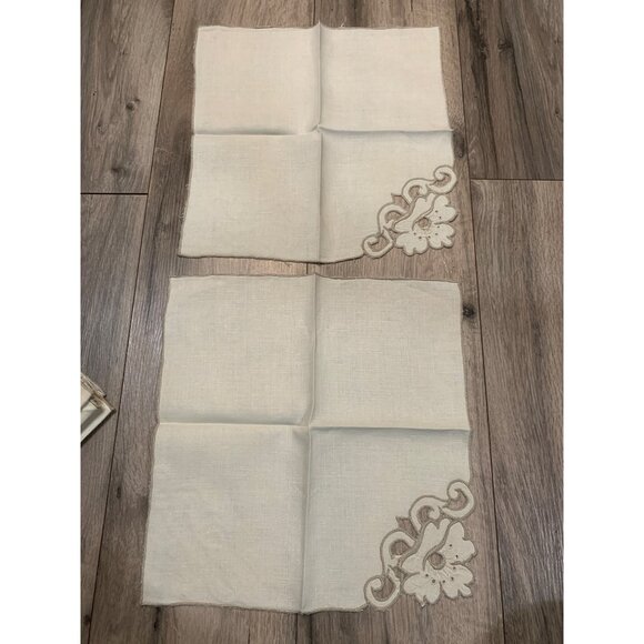 Vintage Set of 6 Muslin Table Cloth Napkins Beige Tan Embroidery Hand Sewn Cutou - Picture 3 of 5